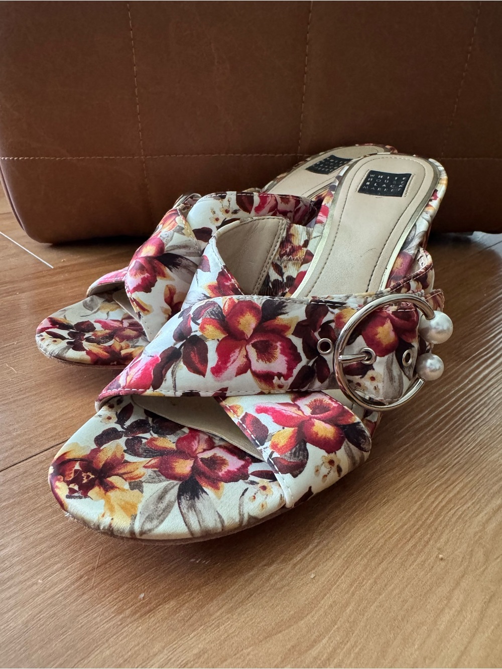 White House Black Market Floral Pearl-Buckle Slip-On Mule Heels